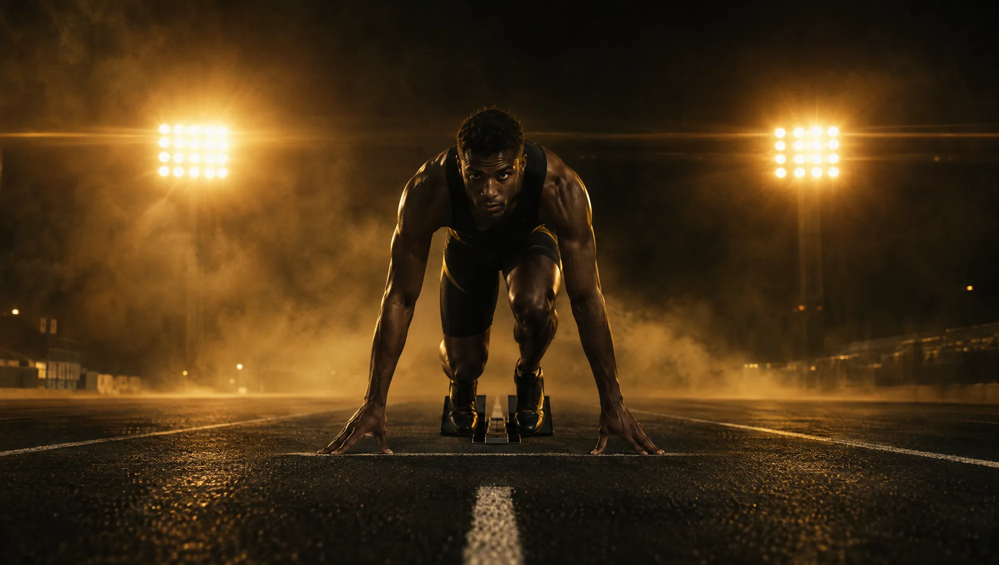 A sprinter set in the starting blocks under floodlights