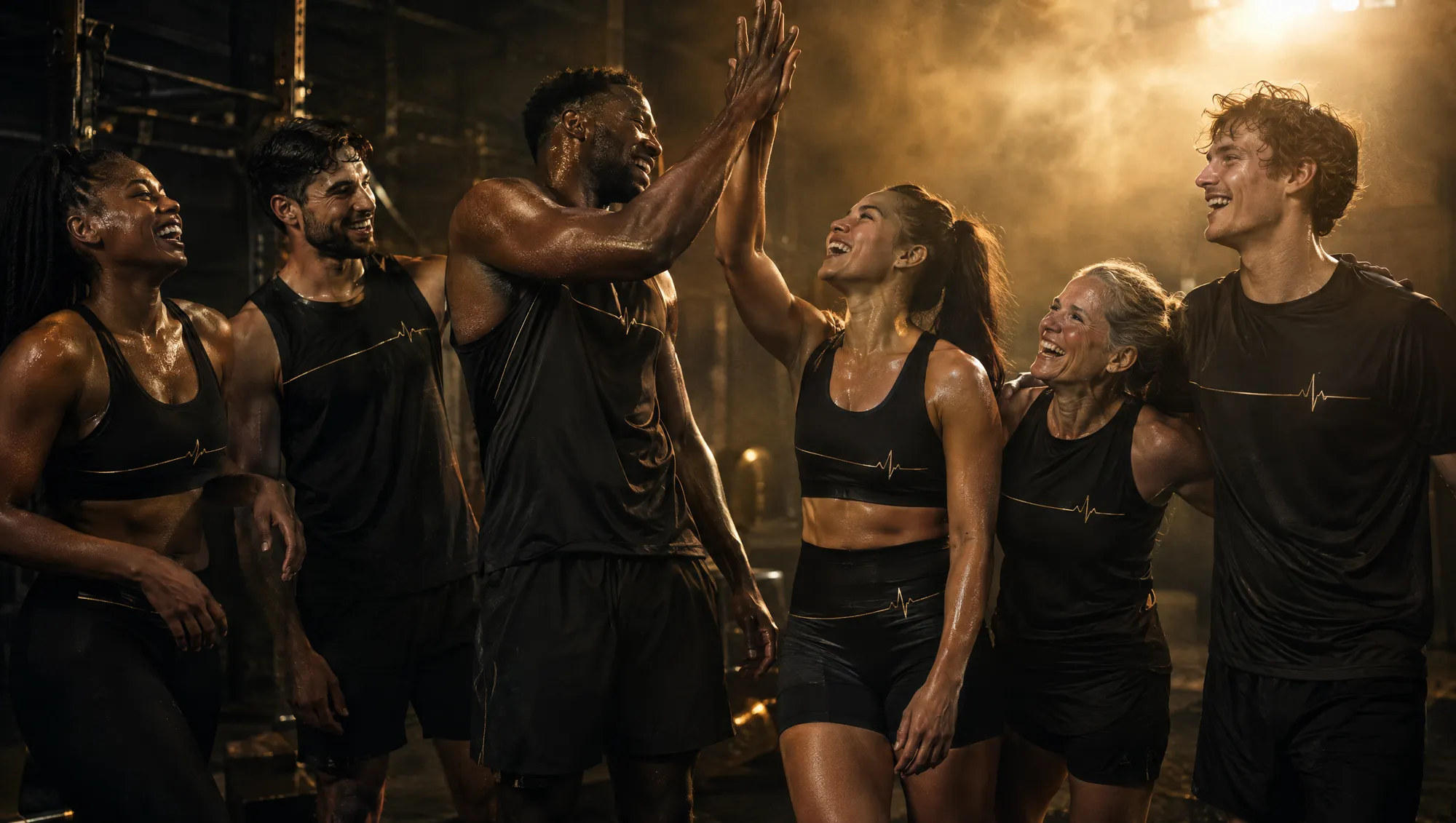 A group of athletes celebrating after a session