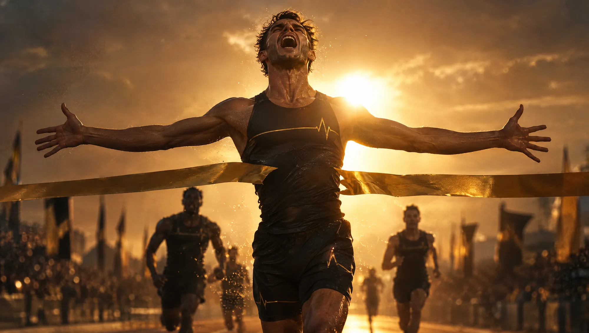 A runner breaking the finish tape