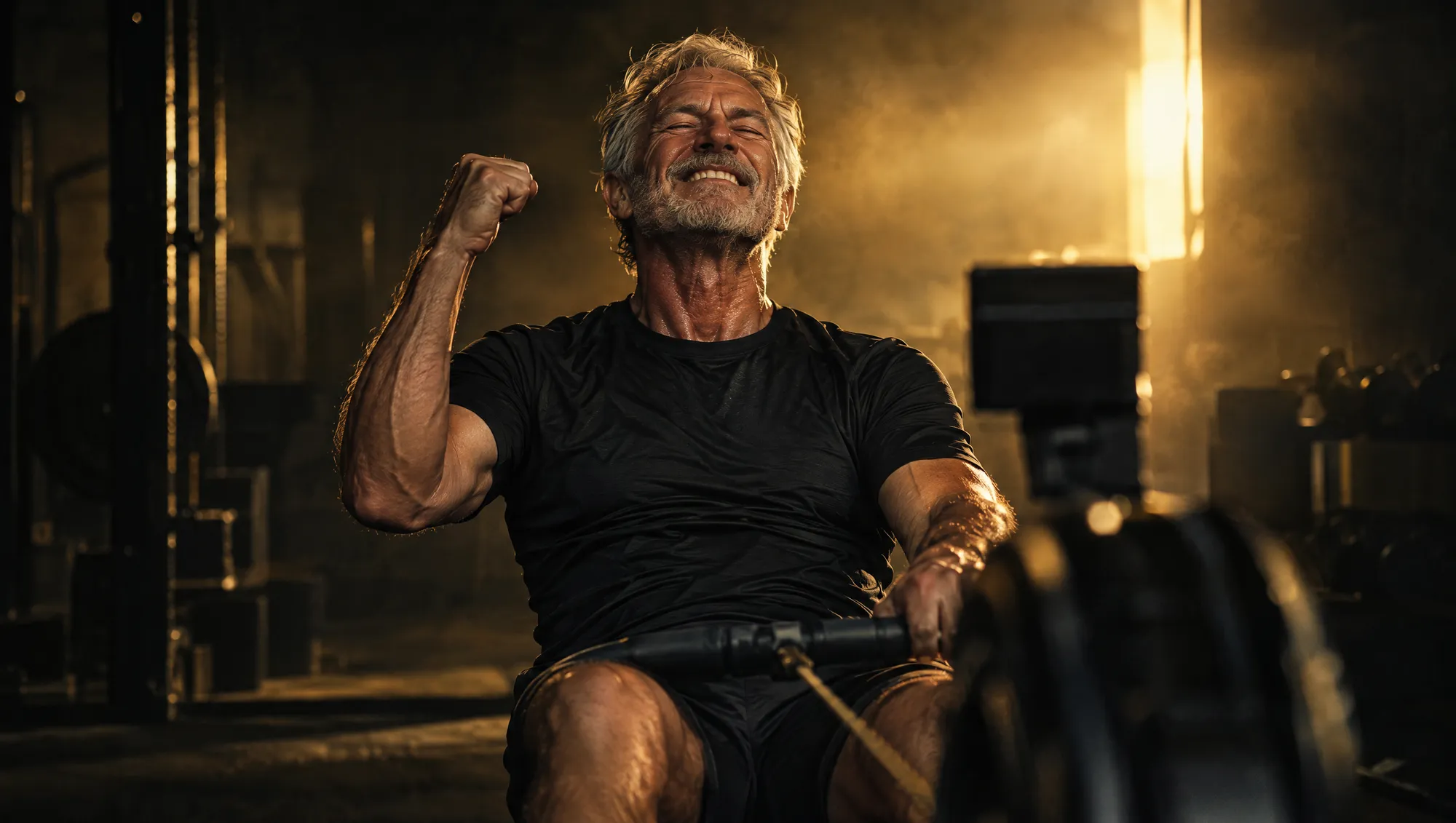 A man in his sixties celebrating after rowing