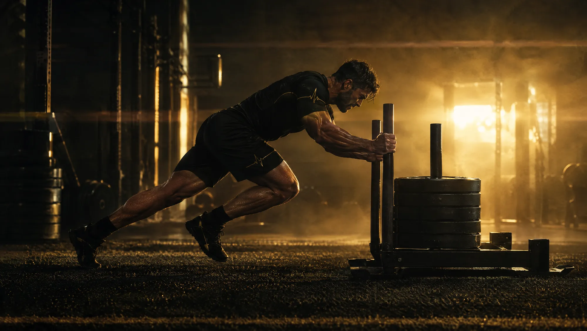 An athlete pushing a heavy sled
